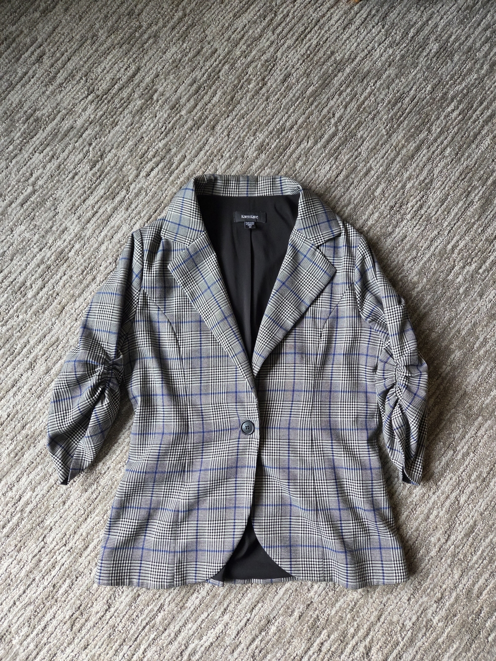 Plaid Single-Button Blazer in Gray with Blue Accent